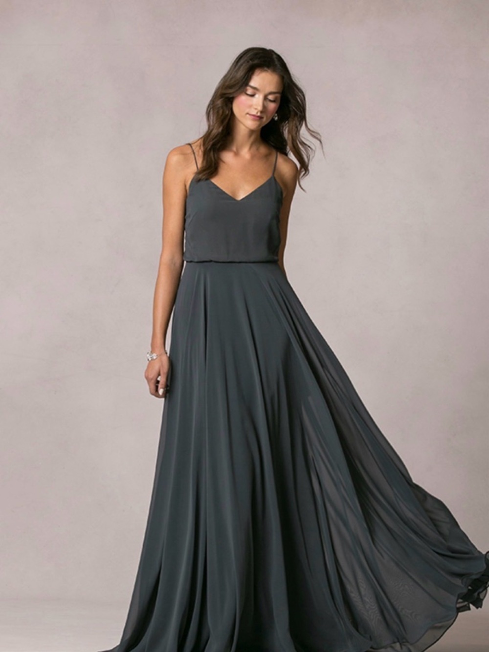 Jenny Yoo Inesse Slate Gray Spaghetti Strap Chiffon Gown